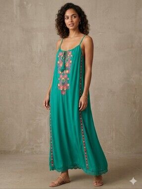 Sundance embroidered Boho green cami camisole long A line flowy summer dress XL